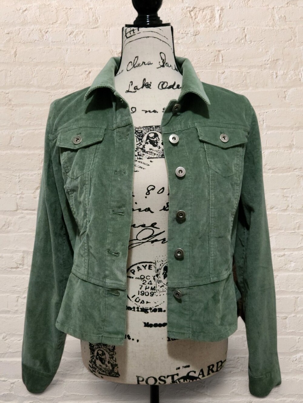 Rafaella Green Corduroy Jacket Button Front Peplum 10 Petite